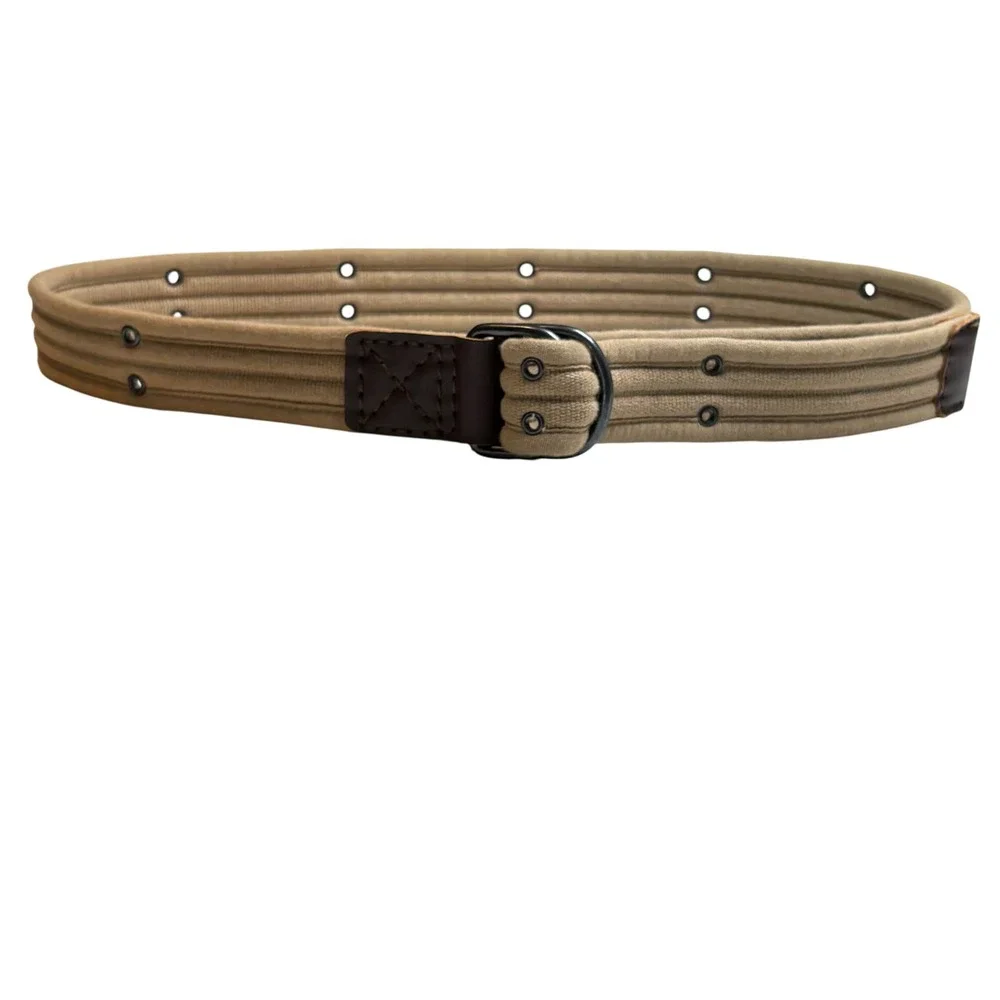 Vintage Khaki Canvas Belt Double D-Ring Buckle Grommet Leather Trim Gorpcore